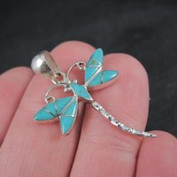 Southwestern Inlaid Turquoise Dragonfly Pendant Sterling Silver Estate Jewelry NOS