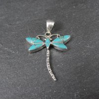 Southwestern Inlaid Turquoise Dragonfly Pendant Sterling Silver Estate Jewelry NOS