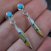 Dainty Southwestern Sterling Inlay Earrings Estate Silver