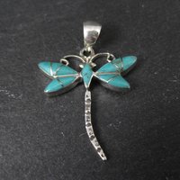 Southwestern Inlaid Turquoise Dragonfly Pendant Sterling Silver Estate Jewelry NOS