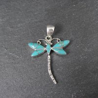Southwestern Inlaid Turquoise Dragonfly Pendant Sterling Silver Estate Jewelry NOS