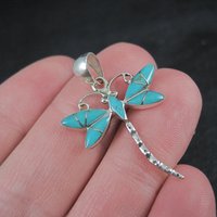 Southwestern Inlaid Turquoise Dragonfly Pendant Sterling Silver Estate Jewelry NOS