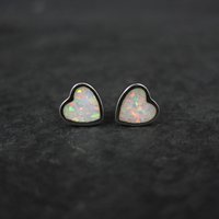 Tiny Opal Heart Earrings Vintage Sterling Silver Studs
