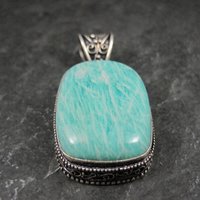 Ornate Amazonite Pendant Sterling Silver Balinese Estate Necklace