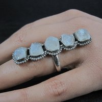 Long Rough Moonstone Ring 925 Sterling Silver Adjustable Size 8