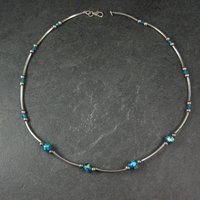 Blue Dichroic Glass and Crystal Bead Necklace Sterling Silver 19"