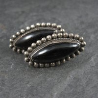 Vintage AHS Mexican Sterling Onyx Earrings Screw Back