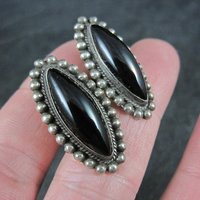 Vintage AHS Mexican Sterling Onyx Earrings Screw Back