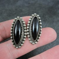 Vintage AHS Mexican Sterling Onyx Earrings Screw Back