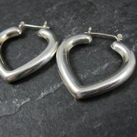 Large Vintage Sterling Silver Heart Latch Hoop Earrings