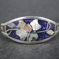 Small Alpaca Silver Abalone Flower Bangle Bracelet 5"