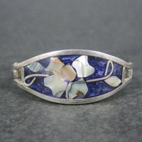 Small Alpaca Silver Abalone Flower Bangle Bracelet 5"
