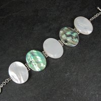 Vintage Sterling Silver Mother of Pearl and Abalone Toggle Bracelet 8"