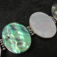 Vintage Sterling Silver Mother of Pearl and Abalone Toggle Bracelet 8"