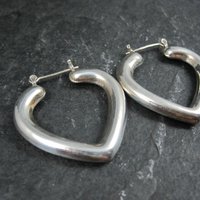 Large Vintage Sterling Silver Heart Latch Hoop Earrings