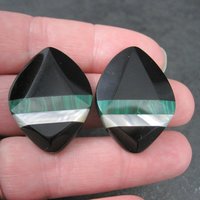 Vintage Onyx Malachite & Mother of Pearl Clip On Earrings