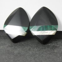 Vintage Onyx Malachite & Mother of Pearl Clip On Earrings
