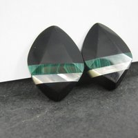 Vintage Onyx Malachite & Mother of Pearl Clip On Earrings