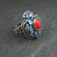 Vintage Enamel Ring 900 Silver Adjustable