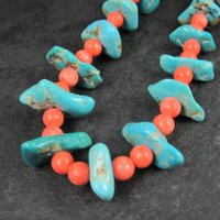 Vintage Southwestern Turquoise and Pink Coral Necklace 23"