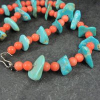 Vintage Southwestern Turquoise and Pink Coral Necklace 23"