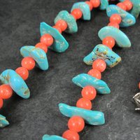 Vintage Southwestern Turquoise and Pink Coral Necklace 23"