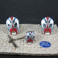 Vintage Enamel Kabuki Cufflinks and Tie Tack Set - New Old Stock