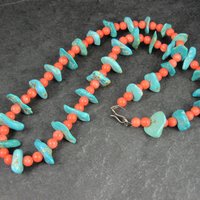 Vintage Southwestern Turquoise and Pink Coral Necklace 23"