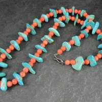 Vintage Southwestern Turquoise and Pink Coral Necklace 23"