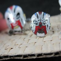 Vintage Enamel Kabuki Cufflinks and Tie Tack Set - New Old Stock