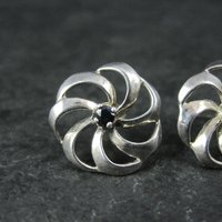 Vintage Black Spinel Flower Earrings 5/8" Sterling Silver