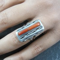 Vintage Zuni Coral Inlay Ring Size 5