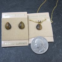 Vintage Tigers Eye Stud Earrings & Necklace Jewelry Set NOS
