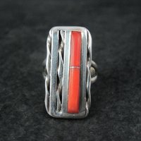 Vintage Zuni Coral Inlay Ring Size 5