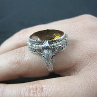 Antique Filigree Sterling Topaz Glass Leaf Ring Size 6