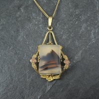 Art Deco 12K Gold Filled Montana Agate Pendant Necklace