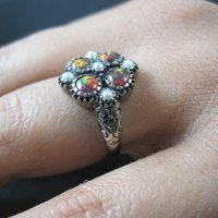 Opal and Seed Pearl Ring Size 5.5 Art Deco Style Sterling Silver