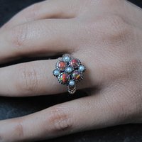 Opal and Seed Pearl Ring Size 5.5 Art Deco Style Sterling Silver