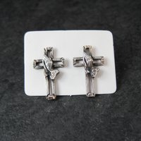 Vintage Praying Hands Cross Earrings Diamond Cut Sterling Silver