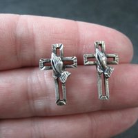 Vintage Praying Hands Cross Earrings Diamond Cut Sterling Silver