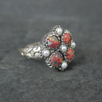 Opal and Seed Pearl Ring Size 5.5 Art Deco Style Sterling Silver