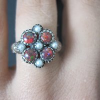 Opal and Seed Pearl Ring Size 5.5 Art Deco Style Sterling Silver