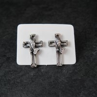 Vintage Praying Hands Cross Earrings Diamond Cut Sterling Silver