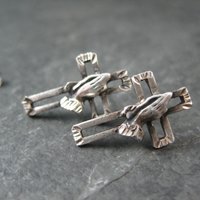 Vintage Praying Hands Cross Earrings Diamond Cut Sterling Silver