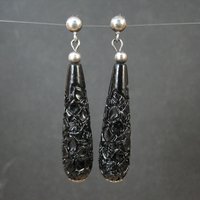 Vintage Carved Black Cinnabar Earrings