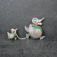 Vintage Sterling Green Calcite Mama Duck & Duckling Brooch Mexican Silver