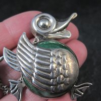 Vintage Sterling Green Calcite Mama Duck & Duckling Brooch Mexican Silver
