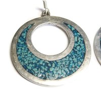 Vintage Mexican Sterling Turquoise Chip Circle Dangle Earrings