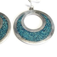 Vintage Mexican Sterling Turquoise Chip Circle Dangle Earrings