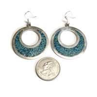 Vintage Mexican Sterling Turquoise Chip Circle Dangle Earrings